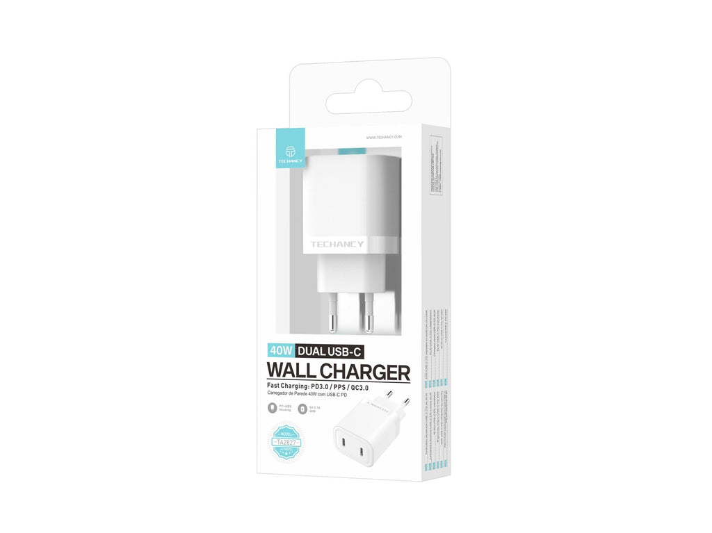 Techancy Carregador 40W Dual USB C PD PPS TA2827 Carregamento rapido para iPhone Android Tablet Adaptador EU Branco
