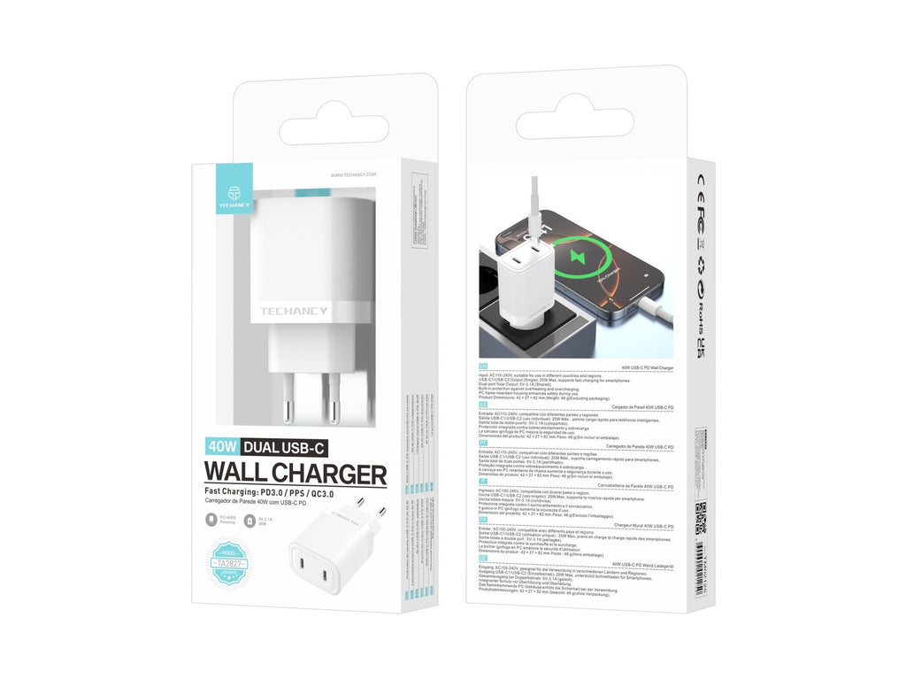 Techancy Carregador 40W Dual USB C PD PPS TA2827 Carregamento rapido para iPhone Android Tablet Adaptador EU Branco